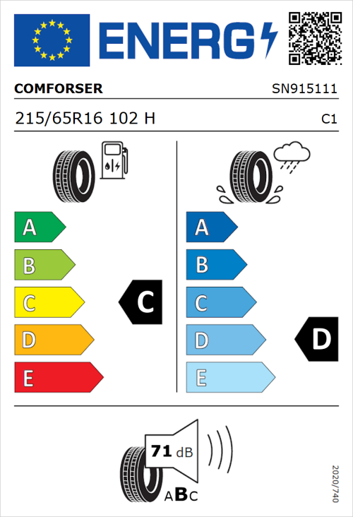 Tyre Label for Comforser CF2000 215/65R16 102H